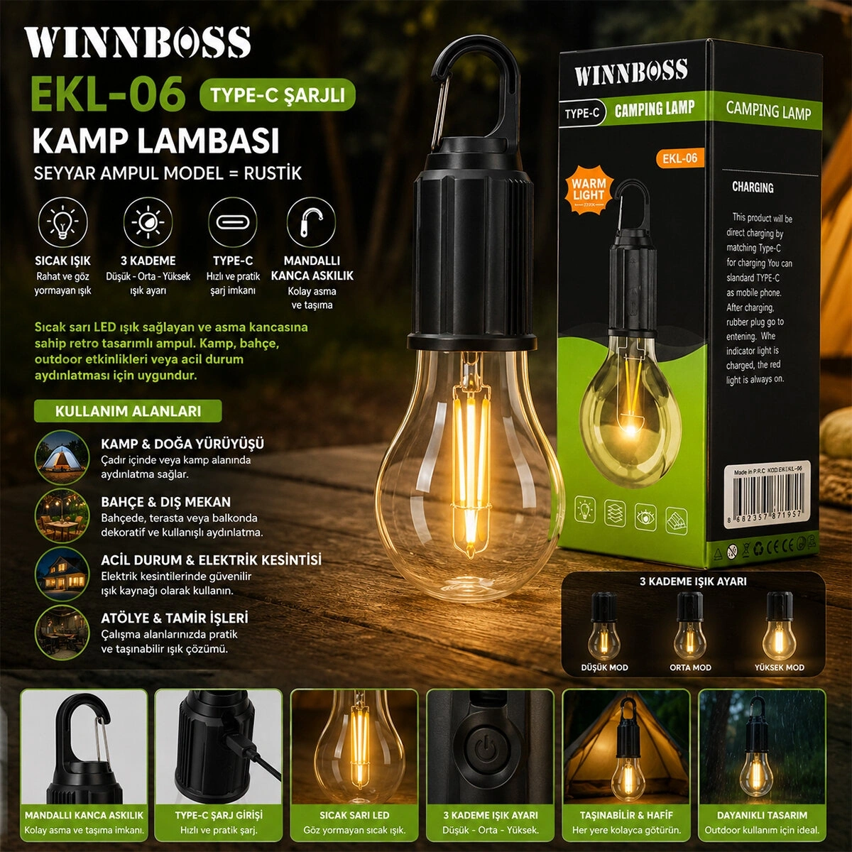 WINNBOSS EKL-06 G-912 ( USB ŞARJLI ) (SEYYAR AMPUL MODEL=RUSTİK) KAMP LAMBASI (MANDALLI KANCA ASKILIK) (3-KADEME IŞIK)*120