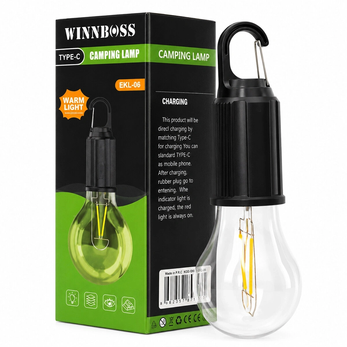 WINNBOSS EKL-06 G-912 ( USB ŞARJLI ) (SEYYAR AMPUL MODEL=RUSTİK) KAMP LAMBASI (MANDALLI KANCA ASKILIK) (3-KADEME IŞIK)*120