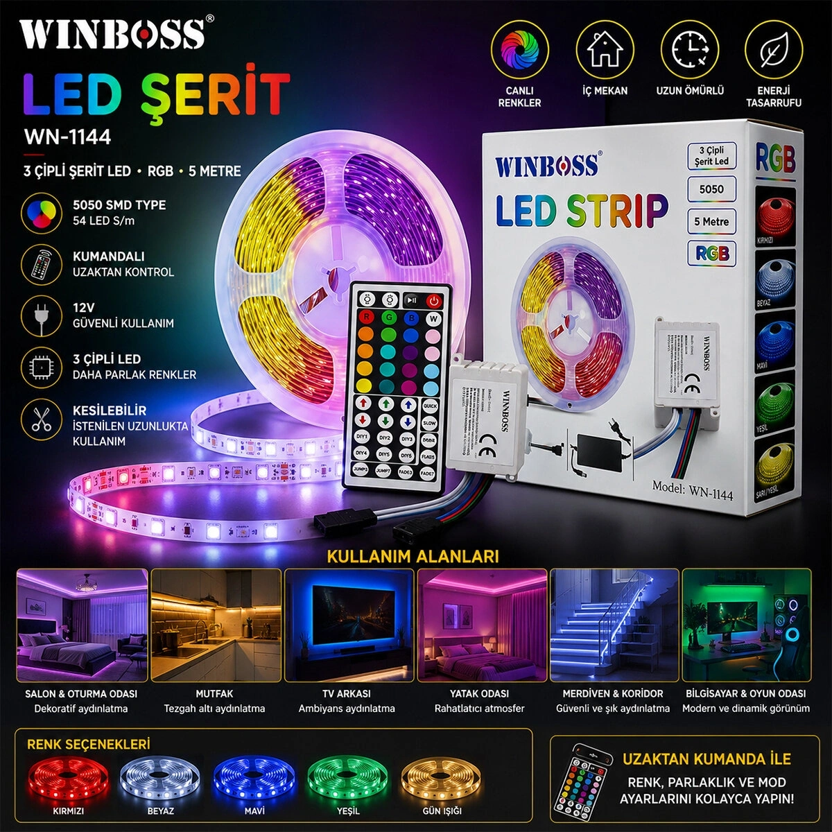 WINNBOSS STRIP LIGHT WN-1144 ( 3ÇİP & 5MT ) RGB ( KUMANDALI ) ŞERİT LED ( 5050 SMD TYPE & 54 LED s/m )*60