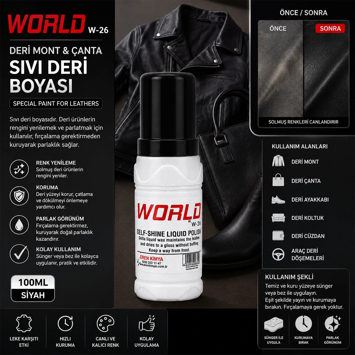 WORLD W-26 ( DERİ MONT & ÇANTA ) ( SİYAH ) ( SIVI LİKİT ) BOYA SPECIAL PAINT FOR LEATHERS 100ML*12X8