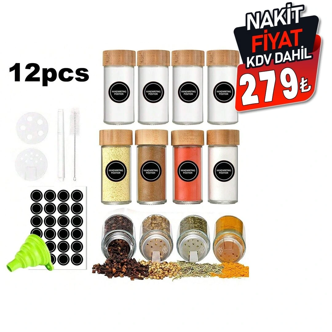 YAKUT-12227 ( 12PCS TAKIM ) ( YUVARLAK ) ( CAM ) BAHARATLIK & TUZLUK ( BAMBU KAPAKLI )*8