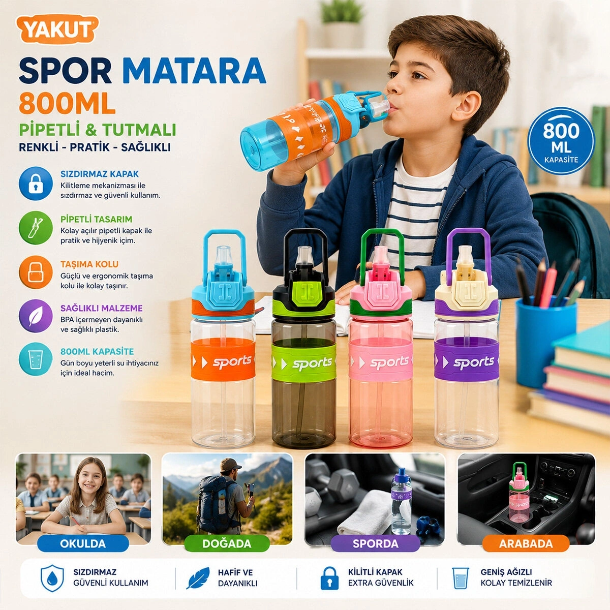 YAKUT-14005 ( RENKLİ & TUTMALI ) ( PLASTİK & PİPETLİ ) SPOR MATARA ( SULUK ) ( 800ML )*50