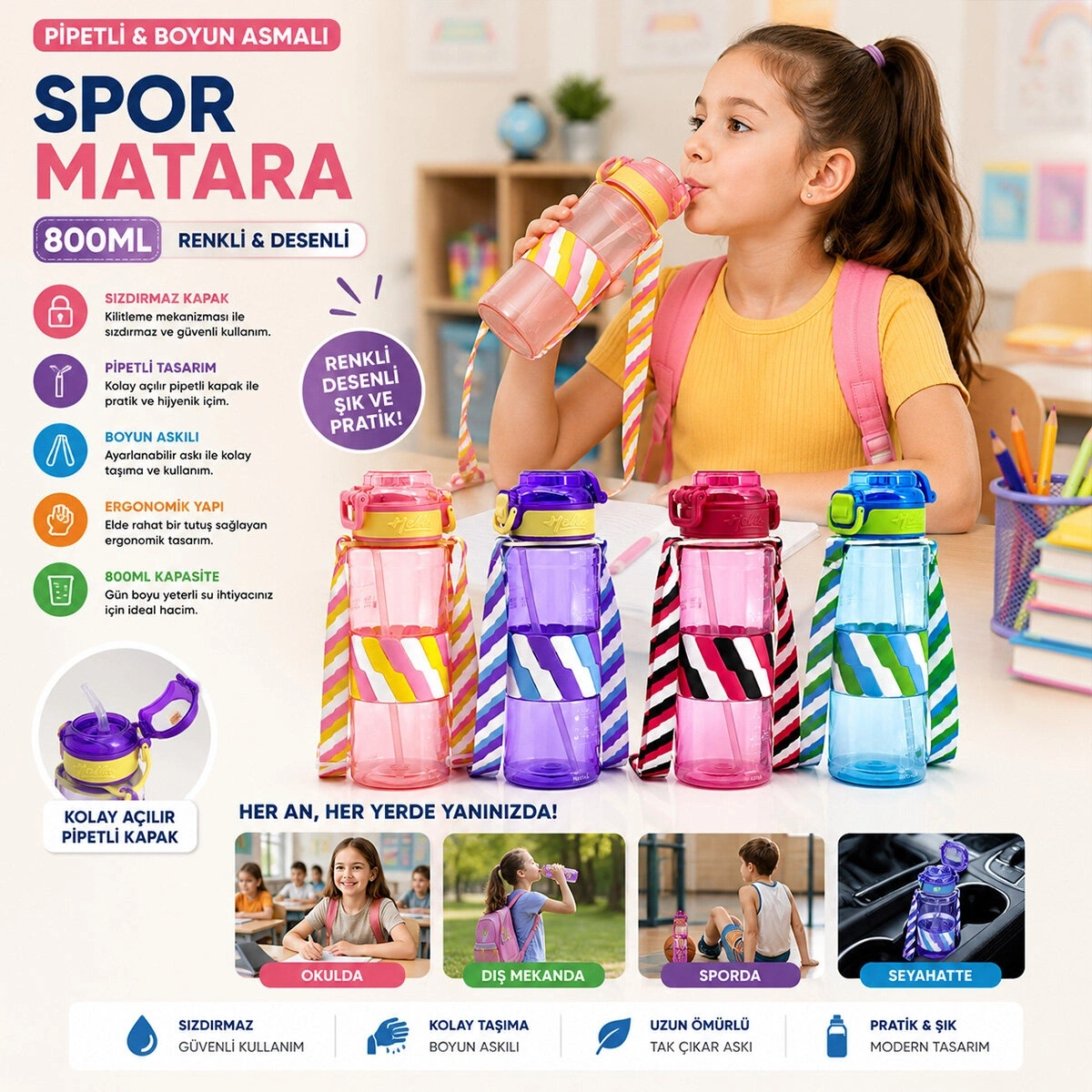 YAKUT-14014 ( RENKLİ & DESENLİ & BOYUN ASMALI ) ( PLASTİK & PİPETLİ ) SPOR MATARA ( SULUK ) ( 800ML )*80