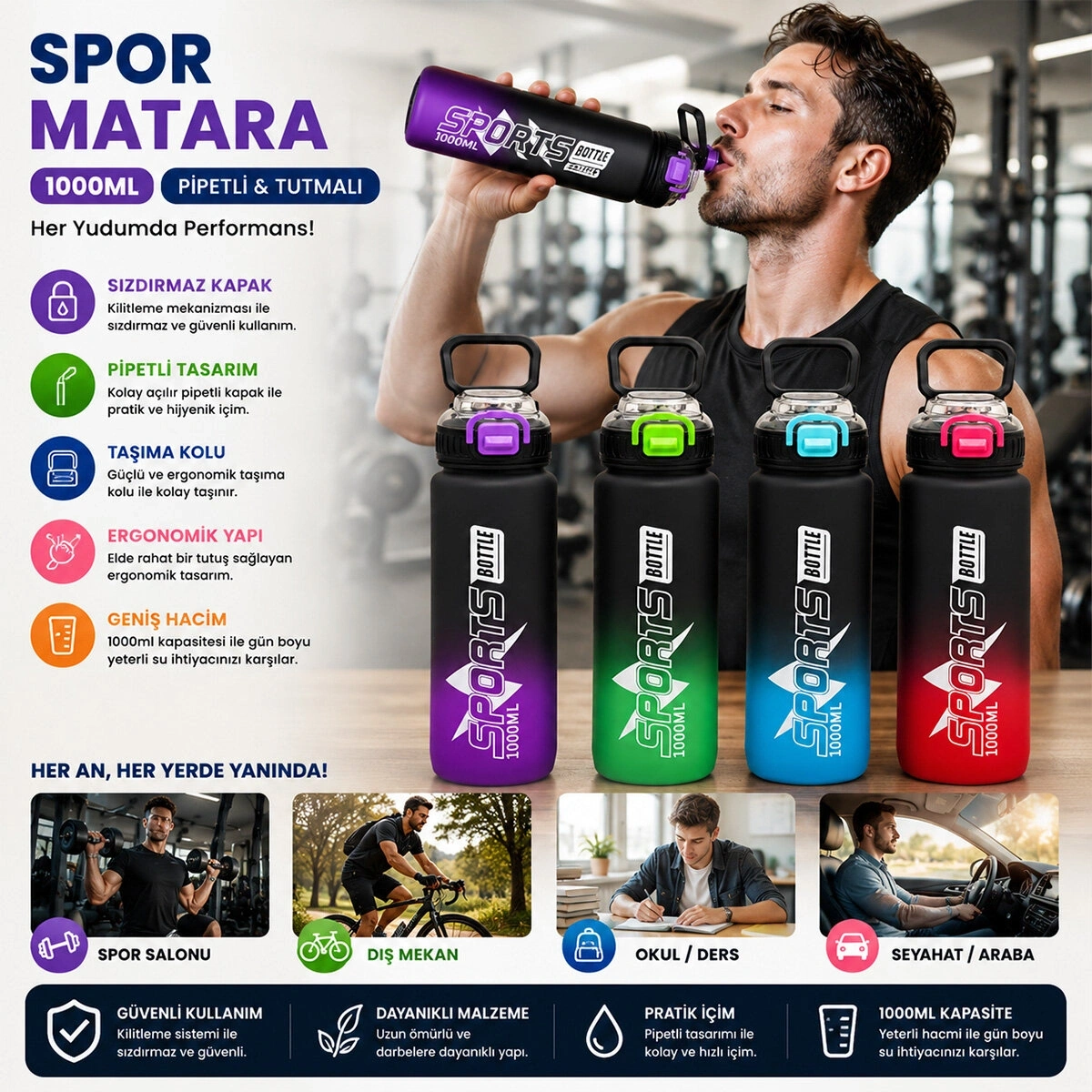 YAKUT-14060 ( ÇİFT RENKLİ & TUTMALI ) ( PLASTİK & PİPETLİ ) SPOR MATARA ( SULUK ) ( 1000ML )*80