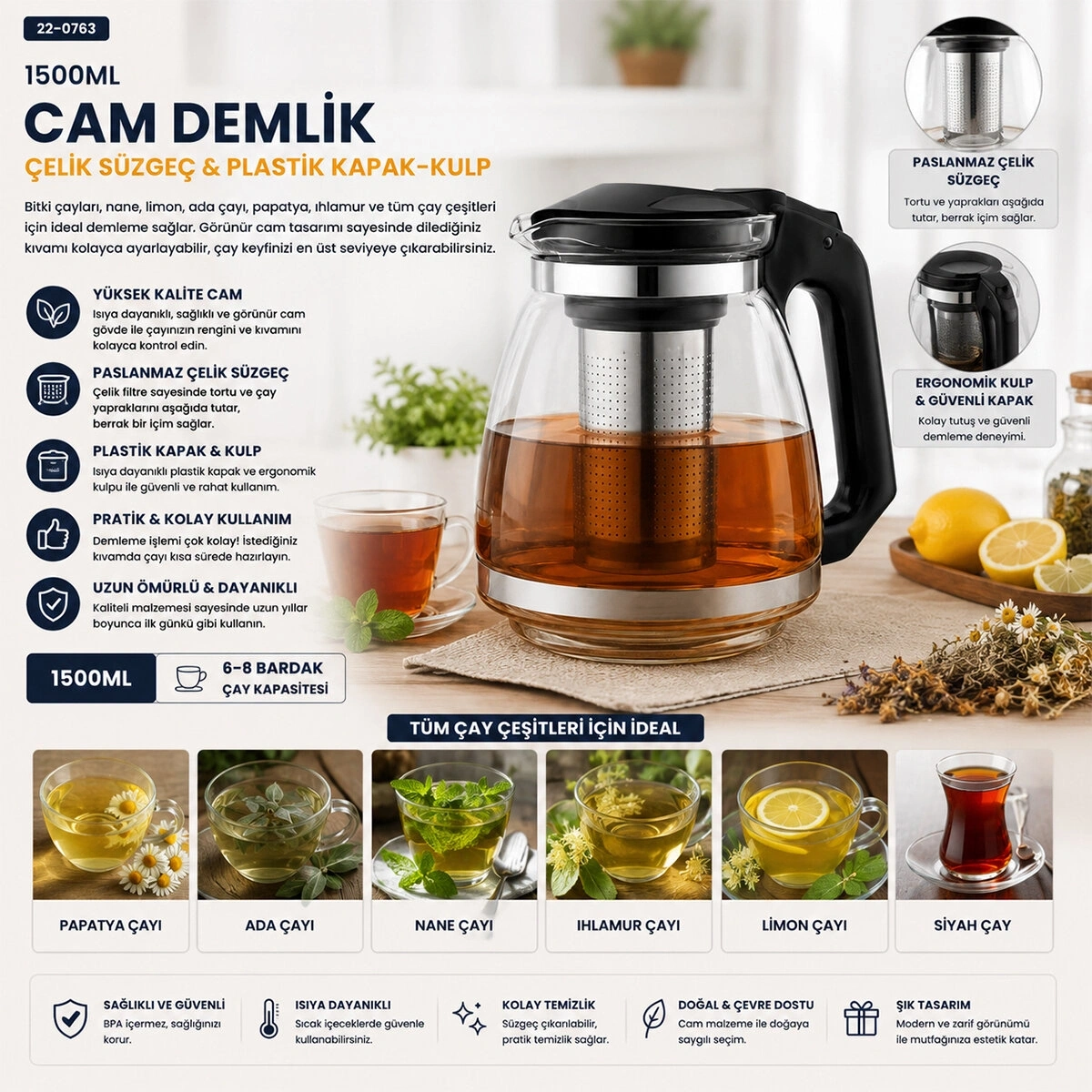YAKUT-7488 ( 1500ML ) ( CAM ) DEMLİK ( ÇELİK SÜZGEÇ & PLASTİK KAPAK-KULP )*36
