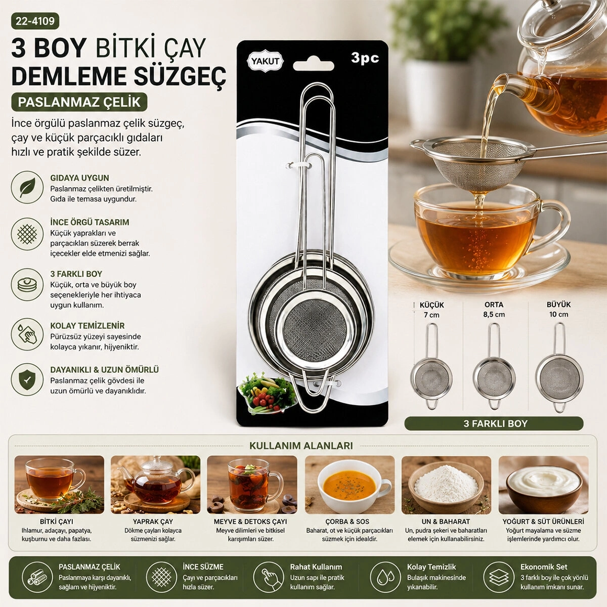 YAKUT-9791 ( 3PCS SET ) ( MİNİ= 5-7-8CM ) TEL SÜZGEÇ ( METAL ÇERÇECE ) ( METAL SAP=8.5-10.5-10.5CM )*144