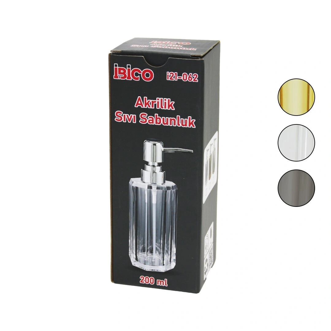 İBİCO İ21-062 ( UZUN ) ( SEKİZGEN ) ( ŞEFFAF & RENKLİ ) ( AKRİLİK & MİKA KRİSTAL ) SIVI SABUNLUK ( 200ML )*48