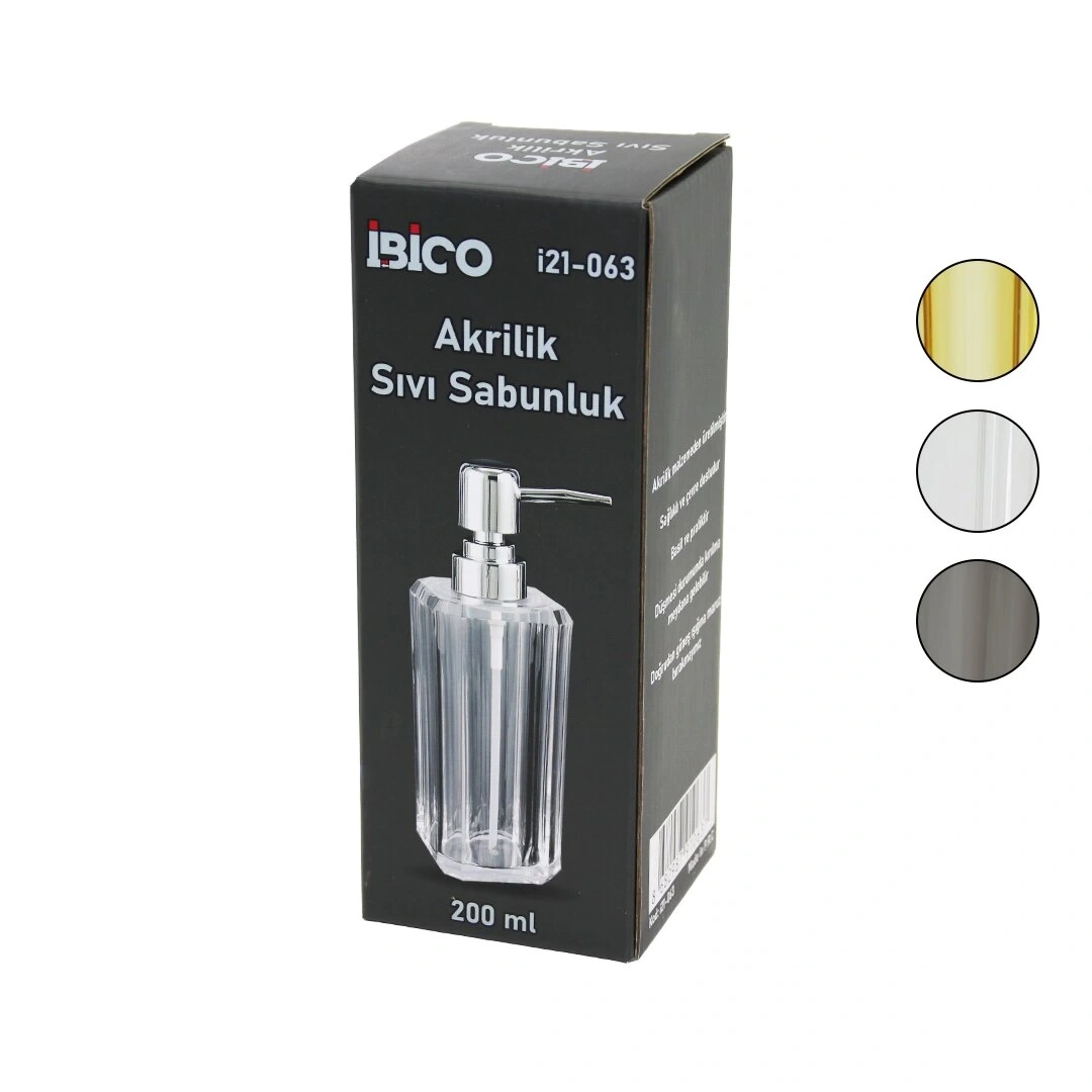 İBİCO İ21-063 (UZUN) (KARE TABAN & 4+4=8GEN GÖVDE) (ŞEFFAF & RENKLİ) (AKRİLİK & MİKA KRİSTAL) SIVI SABUNLUK (200ML)*48