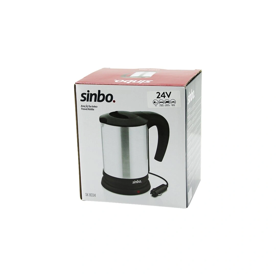 SİNBO SK-8034 ( 24V ) ARAÇ İÇİ KETTLE ( PASLANMAZ ÇELİK ) SU ISITICISI ( 0.8LT ) ( 200W ) ( ÇAKMAKLIK FİŞLİ ) ( PLASTİK KAPAK & KULP )*12