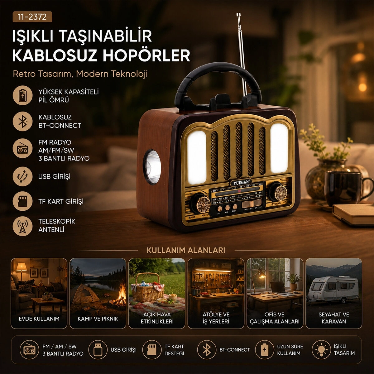 YUEGAN PLATOON PL-4702 ( ŞARJLI & NOSTALJİ ) ( BLUETOOTH ) ( İBRELİ ) FM RADYO ( MP3 USB & TF PLAYER ) SPEAKER*30