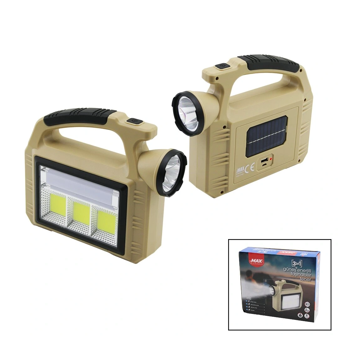 ZMAX MAX-3163 ( SOLAR GÜNEŞ ENERJİLİ & USB ŞARJLI ) TAŞINABİLR EL FENERİ (POWERBANK) (3İN1=LED & COB LED & ŞERİT LAMBA)*24