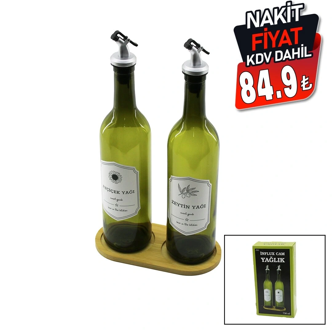 ZNC İNFLUX ( 2 PCS ) ( YEŞİL CAM ) YAĞDANLIK ŞİŞE ( 750ML ) ( AHŞAP BAMBU ALTLIK ) ( PLASTİK KİLİTLİ KAPAK )*18=K