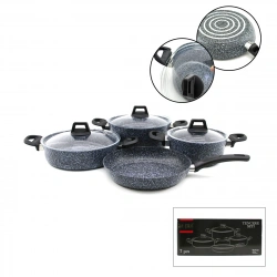 GAB ÇIRAĞAN ( GRİ ) ( 7 PARÇA ) GRANİT TENCERE & TAVA SETİ ( 20-24CM DERİN & 27CM BASIK CAM KAPAK TENCERE & 26CM TAVA)*1