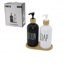 *İBİCO İ21-040 ( 2Lİ SET ) (CAM) SIVI SABUNLUK & LOSYONLUK (2X500ML) (BOYALI CAM=SİYAH-BEYAZ ) (AHŞAP BAMBU ALTLIK & KAPAK)*24