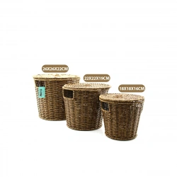 İBİCO İ22-337 ( 3PCS ) (YUVARLAK) (METAL İSKELE ) PLS.HASIR ORGANİZER SEPET ( KAPAKLI ) ( 22X22X18CM )*12=K