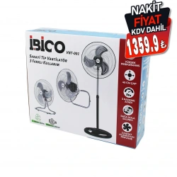 İBİCO VNT-001 (3İN1=DUVARA MONTE& MASA ÜSTÜ& AYAKLI) (45CM) (SANAYİ) TİPİ VANTİLATÖR (3 KADEME HIZ & 3 METAL KANAT) (75W) FAN*1