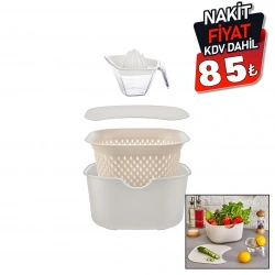 MOİ PLASTİK COF-1005 (KREM) (5PCS) MUTFAK SETİ PLS.(KARIŞTIRMA KAP=4LT & SÜZGEÇ=3.5LT & KESİM PANO & SIKACAK=0.25LT)*16