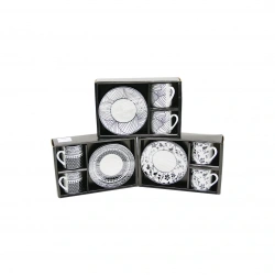 NEWLİFE CLKN-2373 ( SİYAH & BEYAZ ) ( 4PCS=2-TAKIM ) PORSELEN KAHVE FİNCANI ( ÇİÇEK & ÇİZGİ & NOKTA MİX DESEN )*36