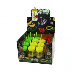 QLUX C-00162 SPRİNG ( PİPETLİ ) ( CAM = MEYVE DESENLİ ) KAVANOZ BARDAK ( 380CC ) ( RENKLİ PLASTİK KAPAK & PİPET )*16X2