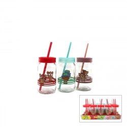 QLUX C-00558 TEDDY BEAR ( PİPETLİ  ) ( CAM ) BARDAK (AYICIK RESİMLİ) ( NO-2 ) ( 370CC ) ( RENKLİ PLASTİK KAPAK )*20=K