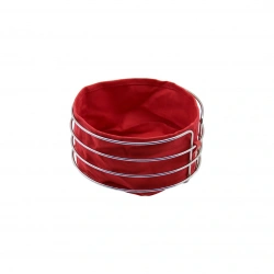 SAYE-4064 ( YUVARLAK ) ( GÜMÜŞ KROM METAL ) ( KIRMIZI BEZLİ ) EKMEK SEPETİ ( ÇAP: 20.5CM & DERİNLİK: 10.5CM)*12