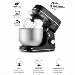 SİNBO SMX-2769 ( SİYAH ) STANDLI MİKSER ( ÇIRPICI & HAMUR YOĞURUCU & KARIŞTIRICI ) ( 8 KADEME HIZ AYAR ) ( 6L ÇELİK HAZNE ) (1300W)*1