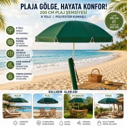 SKYBELT SKY-112 ( 200CM SAPLI ) ( ÇAP:180CM ) ( DÜZ - TEK RENK ) PLAJ ŞEMSİYESİ ( OMUZ ASKI ÇANTALI ) ( 8 TELLİ & FIBERGLASS ) ( POLYESTER KUMAŞ )*12=K