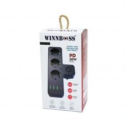 WINNBOSS-3397 SİYAH TERMAL AKIM KORUMALI  ( 3XPRİZ ) ( 3XUSB ) (1XTYPE-C) DUVAR TİPİ PRİZ*36