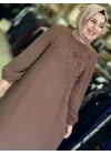 JUKİ TENCEL OMUZ İŞLEMELİ ELBİSE KAHVERENGİ
