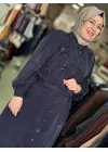 BELEN ÇİÇEK DETAYLI İPEK KUPRA GÖMLEK ELBİSE LACİVERT