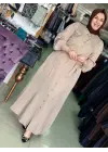 BELEN ÇİÇEK DETAYLI İPEK KUPRA GÖMLEK ELBİSE Bej