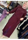 DEFRİNA DESEN DETAYLI CUPRO ELBİSE Bordo
