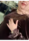 ÇERES BONCUKLU KADİFE ELBİSE KAHVERENGİ