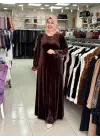 ÇERES BONCUKLU KADİFE ELBİSE KAHVERENGİ