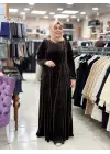 ÇERES TAŞ DETAYLI KADİFE ELBİSE KAHVERENGİ