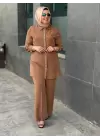 DERİNSTORE ÖNÜ TAŞLI TUNİK PANTOLONLU TAKIM KAHVERENGİ
