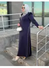JUKİ YAKA TAŞ DETAYLI ELBİSE LACİVERT