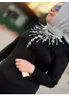 JUKİ YAKA TAŞ DETAYLI ELBİSE SİYAH
