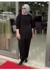 KREM BUZZY DETAYLI KUMAŞ PANTOLONLU TAKIM SİYAH