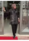 KREM KEOPAR DESENLİ PANTOLONLU ÜÇLÜ TAKIM SİYAH