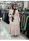 SAFİR KUMAŞ FIRFIR DETAYLI ELBİSE Bej