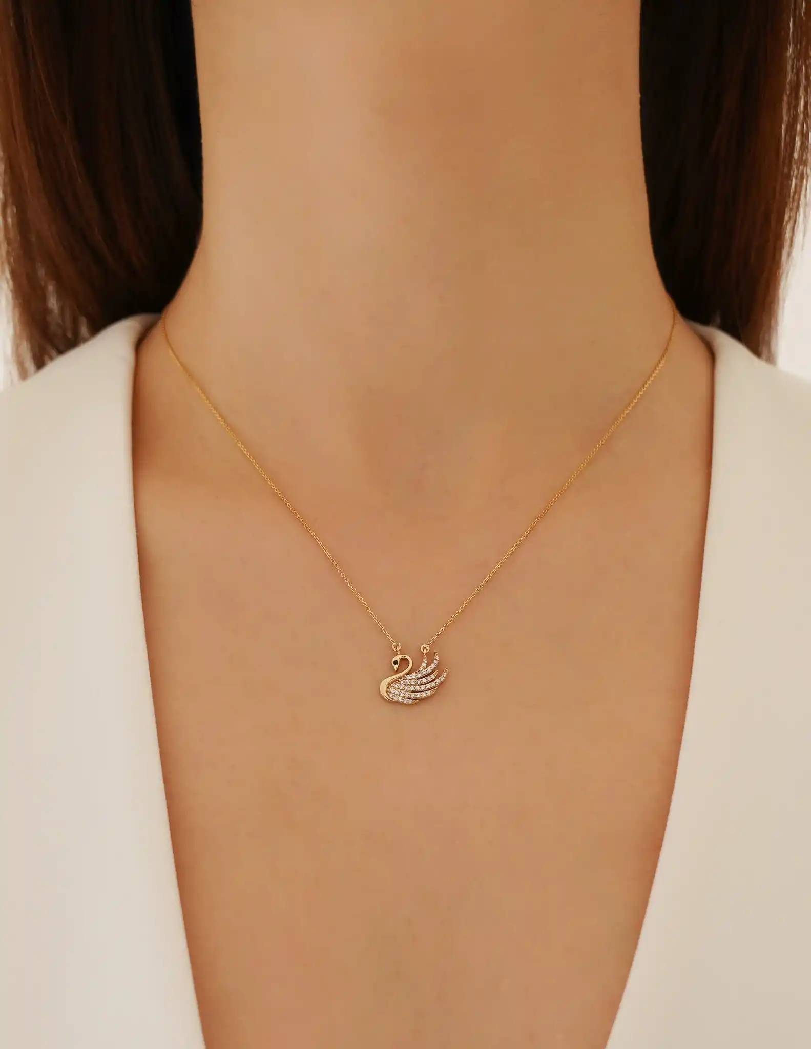 Taşlı Kuğu Altın Kolye