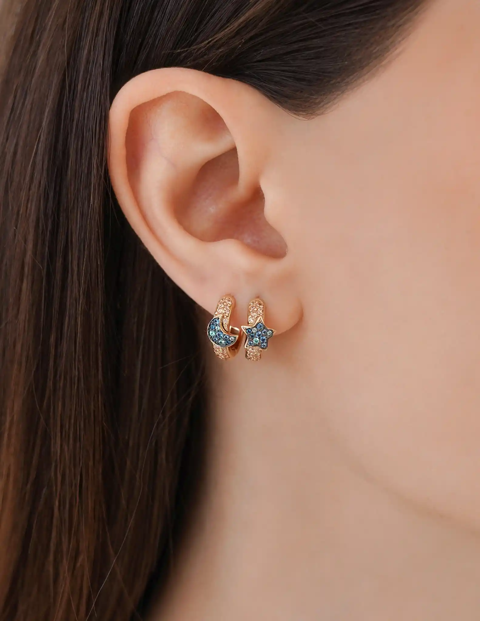 Mavi Taşlı Ay Yıldız Halka Küpe