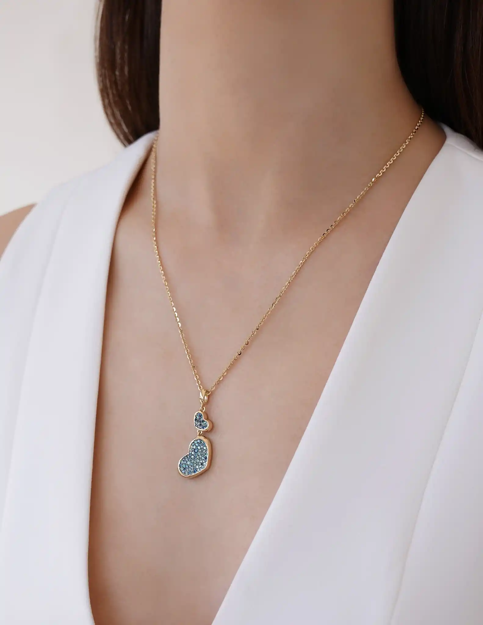 Mavi Taşlı İkili Kalp Kolye