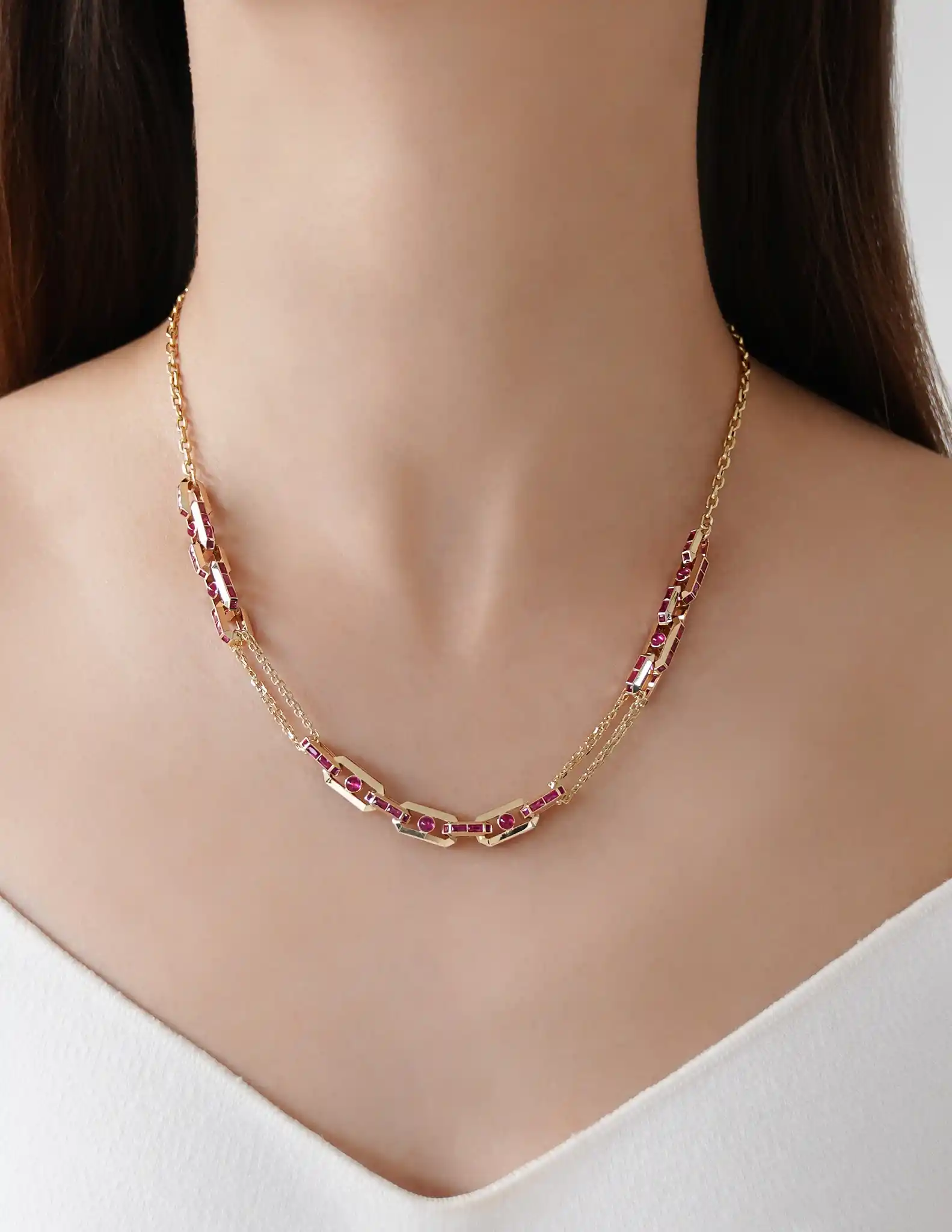 Pembe Taşlı Bold Ataç Zincirli Altın Kolye