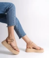 EVA Kalın Tokalı Taşlı Şeritli Ortopedik Taban Kadın Sandalet TT Ten