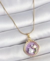 Shoecide 316l Çelik Gold Renk Zincir Mor Mineli İncili Çiçek İşlemeli Portre Model Kadın Kolye
