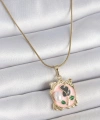 Shoecide 316l Çelik Gold Renk Zincir Pembe Mineli Çiçek İşlemli İnci Detay Portre Model Kadın Kolye