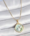 Shoecide 316l Çelik Gold Renk Zincir Turkuaz Mineli İncili Çiçek İşlemeli Portre Model Kadın Kolye