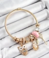 Shoecide 316l Çelik Pembe Zirkon Taşlı Baykuş İstiridye Ve Anahtar Model Gold Renk Charm Bileklik